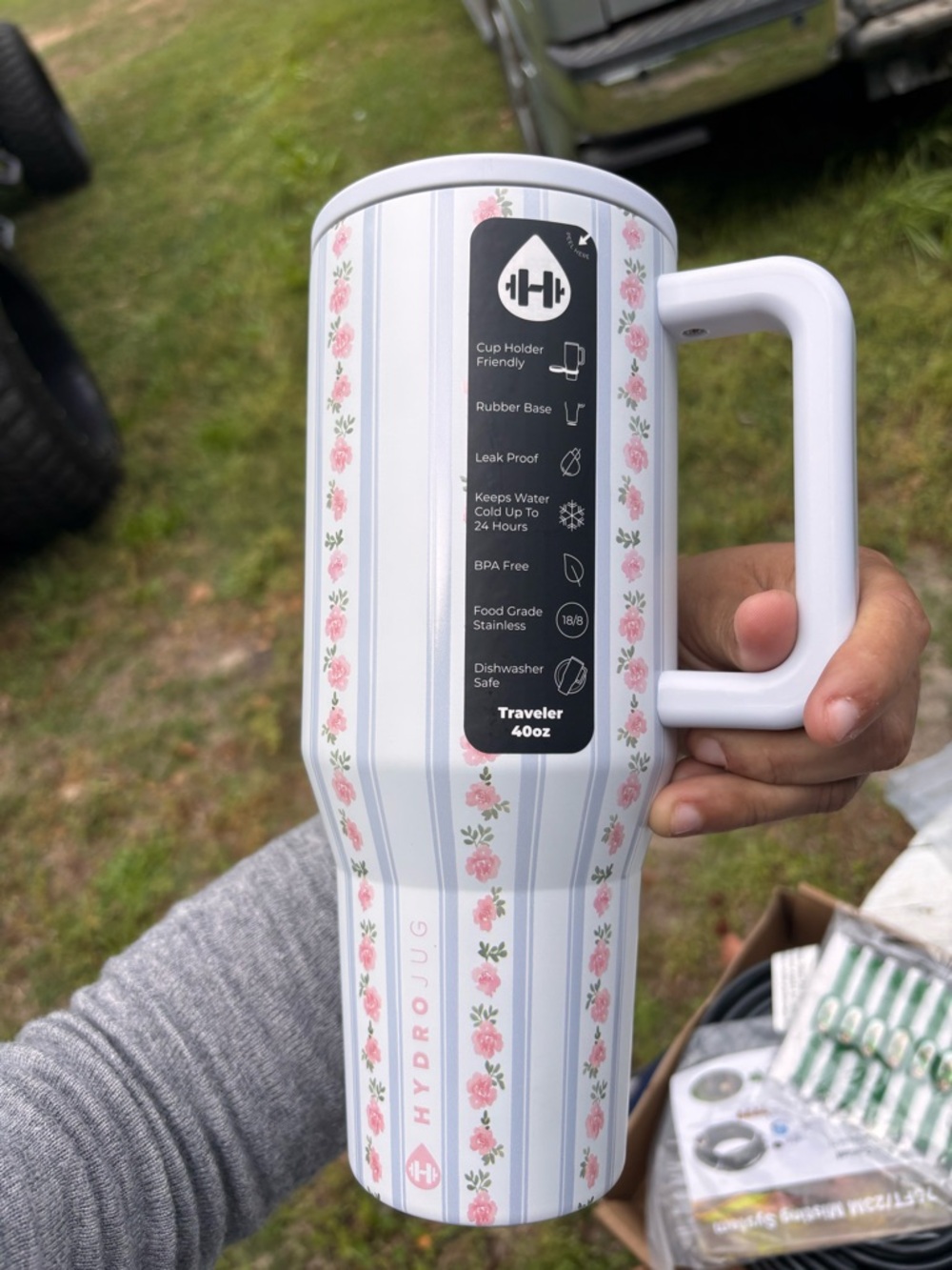 HydroJug Pink Floral Striped Travel Mug - Picture 6 of 9